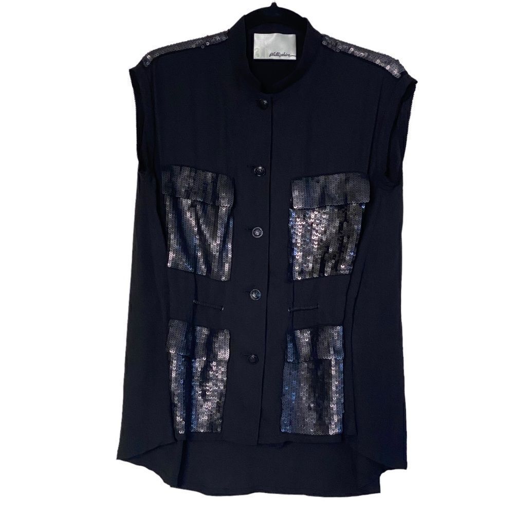 3.1 Phillip Lim Black 100% Silk Sequin Accent Sleeveless Blouse Sz 4